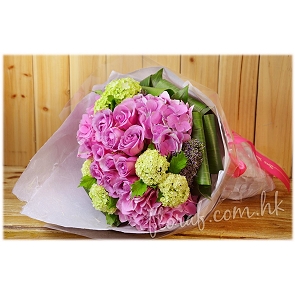 BO30 粉紫色玫瑰花束 粉繡球花束 香港花店生日花束